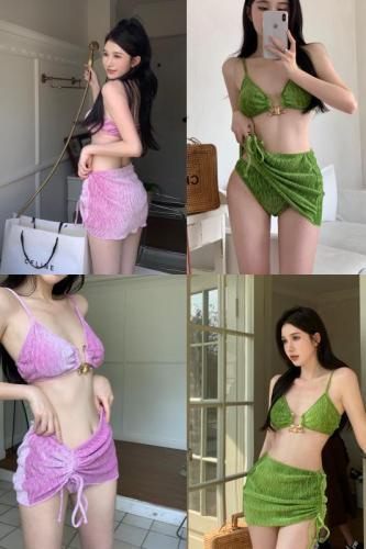 Real Price European and American Style Sexy Spicy Girl Metal Buckle Suspender Vest Beach Holiday Style Three Piece Set