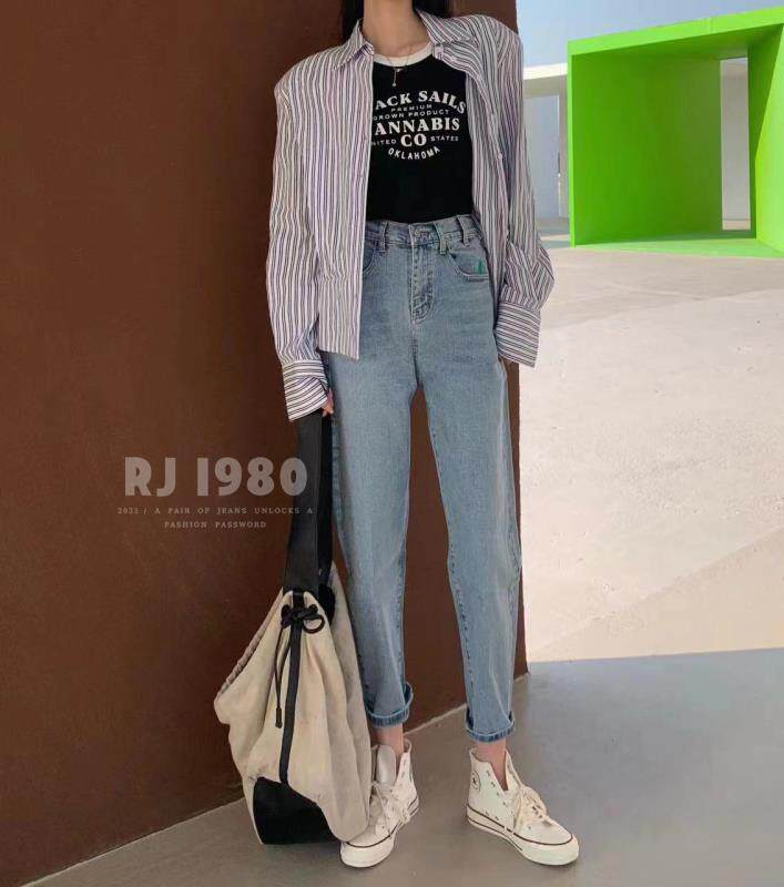 【1980】Spring style new universal waist design trendy color matching pocket slim fit small Harem jeans 3C80251