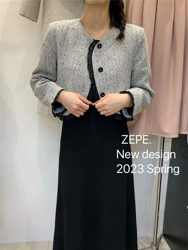 2023早春新款!【ZE】單排扣小香風拼接蕾絲短外套  86055#  L