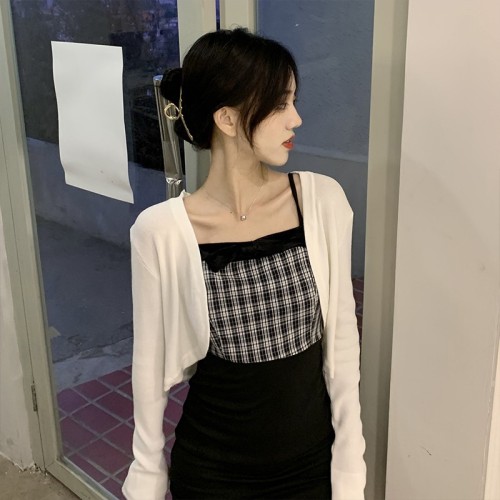 Knitted sunscreen cardigan women's ice silk thin section French small vest top shawl summer with suspender skirt outer wear blouse