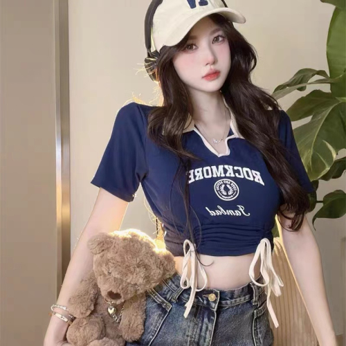 Ice silk hot girl style hit color polo collar drawstring waist printed T-shirt women's short slim fit and thin niche top
