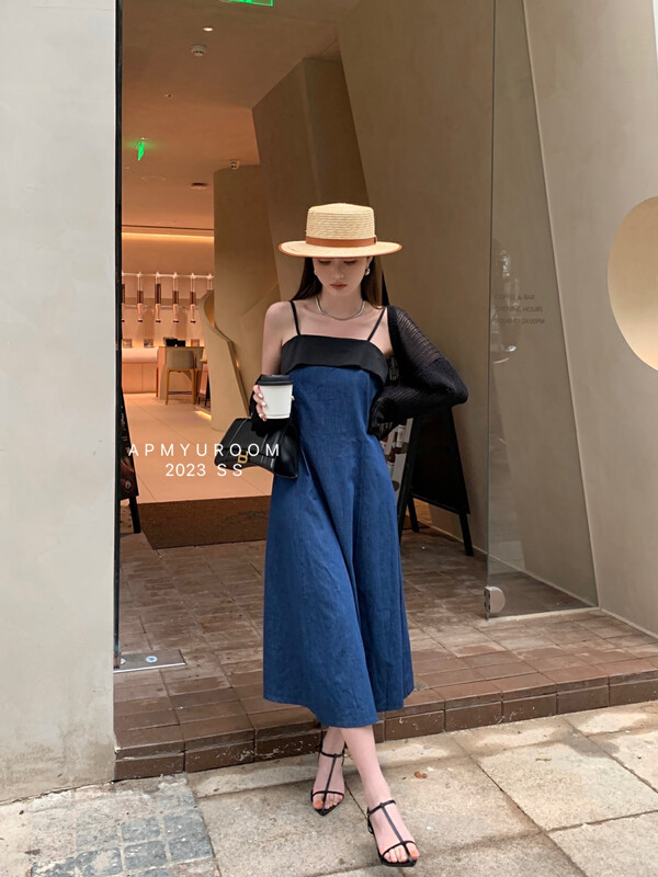 New in early spring of 2023! [APM YUROOM] Temperament short knitted cardigan+denim patchwork suspender dress set 23866 # LSL