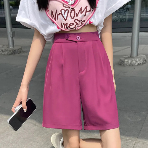 Brother pattern, ironed dragon fruit color suit shorts women's summer high waist drape loose a-line wide-leg cropped pants