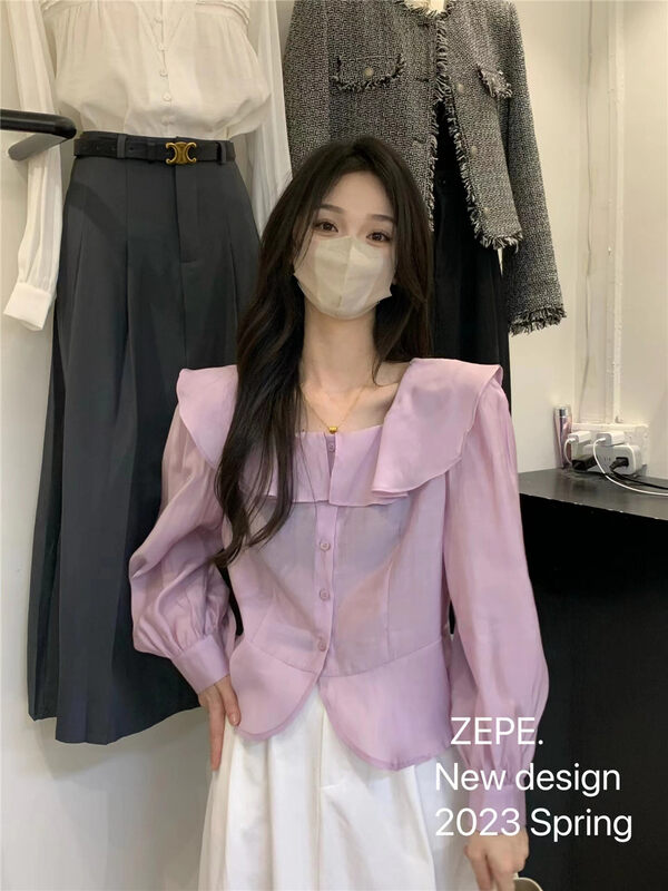 2023早春新款!【ZE】方領單排扣舒適純色襯衫(只賣襯衫)  5507#  L