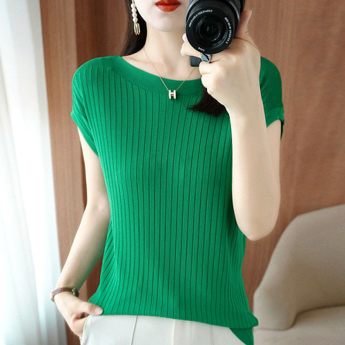 European Station  Summer New Loose Hem Irregular Round Neck Short-sleeved Ice Silk Knit Top Women