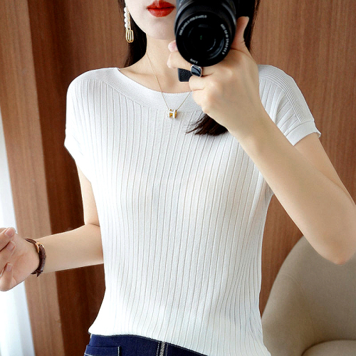 European Station  Summer New Loose Hem Irregular Round Neck Short-sleeved Ice Silk Knit Top Women