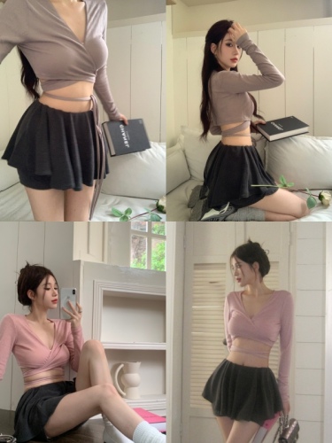 Real price ballet girl ~ retro strap long-sleeved t-shirt top + high waist a-line skirt suit two-piece set