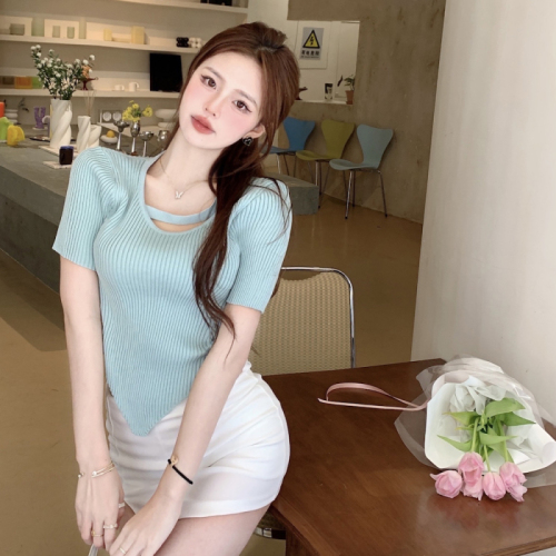 Real shot  new design sense irregular clavicle exposed all-match chic short knitted short-sleeved top