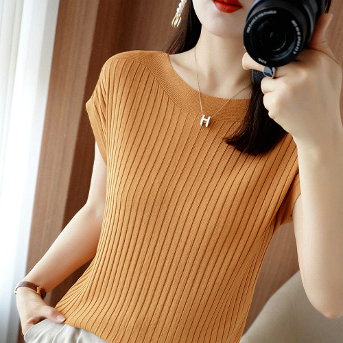 European Station  Summer New Loose Hem Irregular Round Neck Short-sleeved Ice Silk Knit Top Women