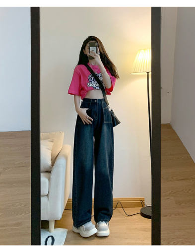  spring new style retro denim trousers for women Korean style student high waist loose straight wide leg floor mopping pants