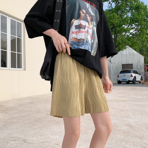 Wavy pattern wide-leg shorts women's summer high waist drape loose straight casual pants texture cool pants