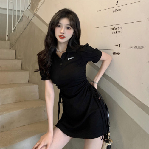Polo collar dress women spring and summer 203 new drawstring waist slimming slim sweet spicy style pure desire short-sleeved skirt