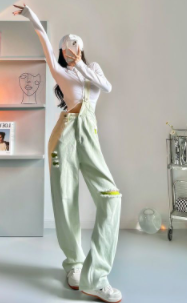 Denim suspenders women's thin design sense niche single shoulder strap green wide-leg pants