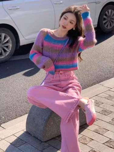 Lazy wind rainbow striped sweater women's spring  new French high-end design sense niche pullover knitted top