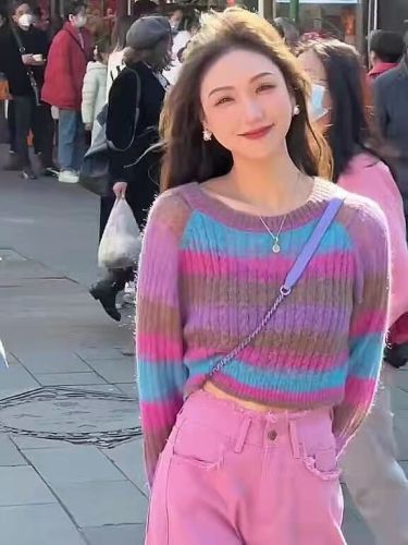 Lazy wind rainbow striped sweater women's spring  new French high-end design sense niche pullover knitted top