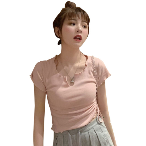 6750#milk silk short drawstring top women's clothing hot girl V-neck slim fit navel short-sleeved T-shirt