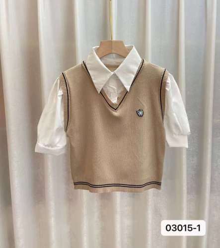 Actual price~Campus sense  Japanese college style fake two-piece Polo collar shirt spliced ​​knitted vest