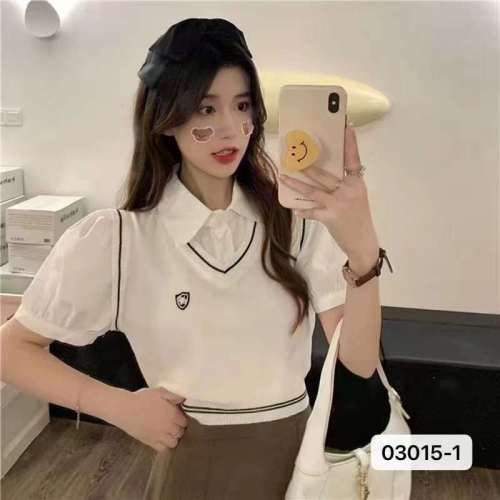 Actual price~Campus sense  Japanese college style fake two-piece Polo collar shirt spliced ​​knitted vest