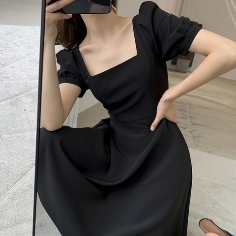 Twisted silk summer new retro Hepburn style little black dress fat girl waist slimming square neck dress