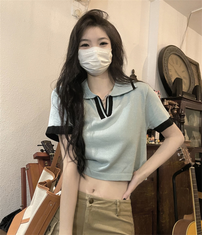 Real price Polo collar solid color T-shirt knitwear women's summer fashion age-reducing pullover all-match bottoming shirt
