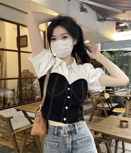 Real price real price summer new splicing contrast color short-sleeved shirt female small man age-reducing small shirt slimming top