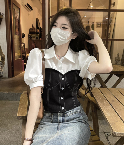 Real price real price summer new splicing contrast color short-sleeved shirt female small man age-reducing small shirt slimming top