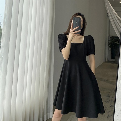 Twisted silk summer new retro Hepburn style little black dress fat girl waist slimming square neck dress