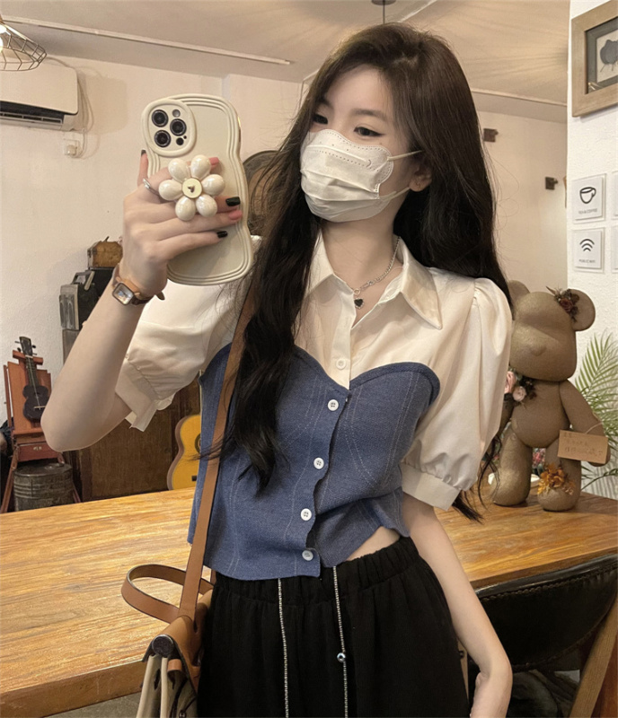 Real price real price summer new splicing contrast color short-sleeved shirt female small man age-reducing small shirt slimming top