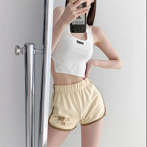 220g Fish Scale 6535 Cotton Letter Embroidery Sports Shorts Women's Loose Casual Walking Elastic Hot Pants