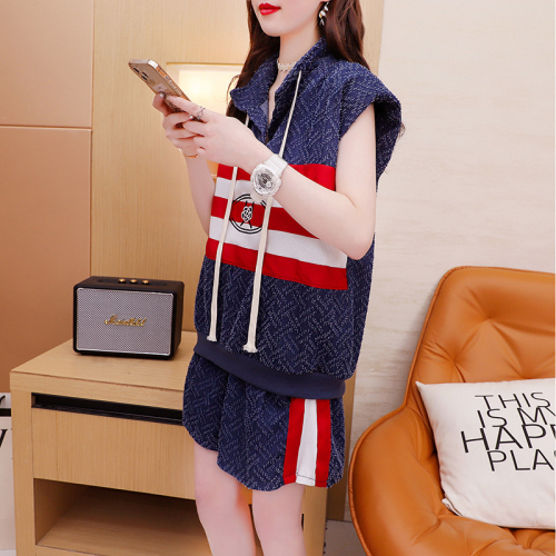 M--4XL imitation denim print splicing Korean style loose large size sports suit fashionable two-piece set