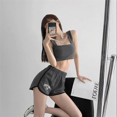 220g Fish Scale 6535 Cotton Letter Embroidery Sports Shorts Women's Loose Casual Walking Elastic Hot Pants