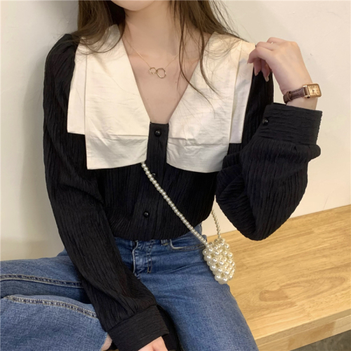 Real shot real price retro hit color double-layer lapel texture sense long-sleeved shirt spring gentle temperament shirt top
