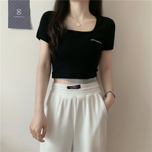 6535 cotton summer loose round neck top new short-sleeved t-shirt female print short fake two-piece design sense