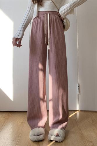 Real shot unabated pink wide-leg pants spring and summer new casual high waist drape straight tube narrow floor mopping pants small man