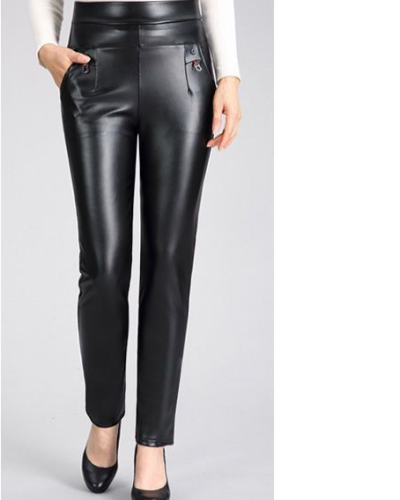 Mother's autumn and winter middle-aged and elderly women's leather pants trousers outerwear high-waisted ladies straight loose plus velvet thickened to keep warm and waterproof
