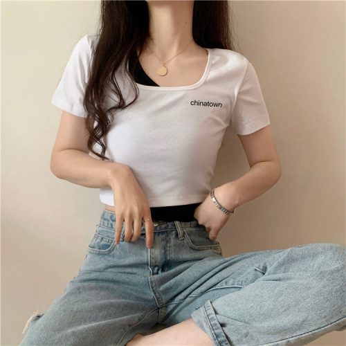 6535 cotton summer loose round neck top new short-sleeved t-shirt female print short fake two-piece design sense