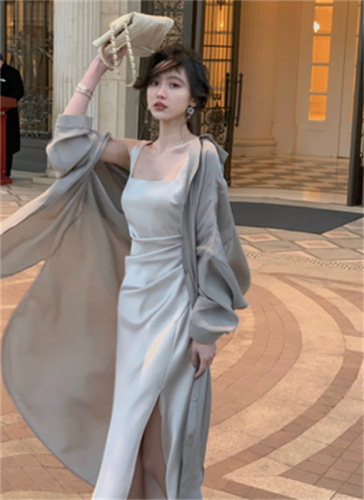 From a moment white sling early spring new dress women's slim satin French high-quality niche long skirt