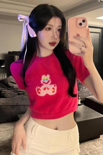 Real shot sweet and spicy style slim short knitted short sleeve slim-fit navel pure desire girl short-sleeved age-reducing top female