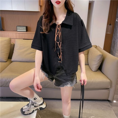 Real shot waffle ins tide super hot short-sleeved t-shirt women's summer loose design sense niche all-match top