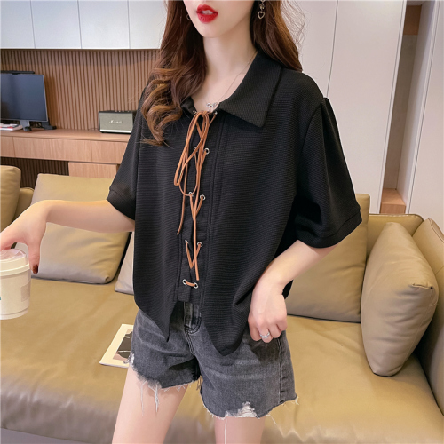 Real shot waffle ins tide super hot short-sleeved t-shirt women's summer loose design sense niche all-match top