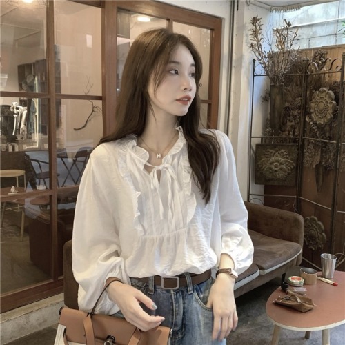 Real shot real price Korean style temperament V-neck white long-sleeved top with straps and splicing wood ear design loose shirt