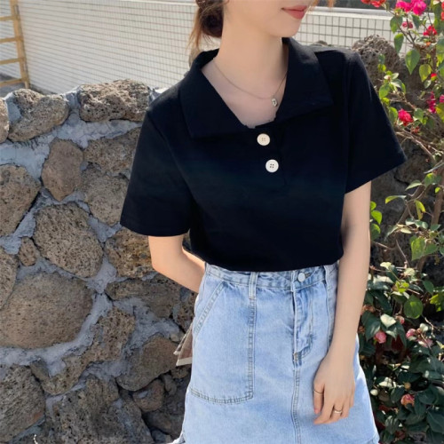 6535 cotton summer loose top new short-sleeved t-shirt female solid color POLO collar