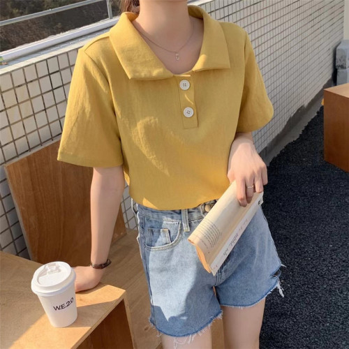 6535 cotton summer loose top new short-sleeved t-shirt female solid color POLO collar