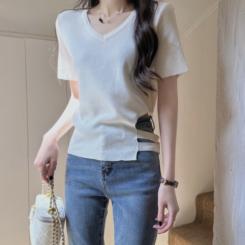 Real price real price Korean v-neck solid color short-sleeved short-sleeved slim bottoming shirt all-match tops for women