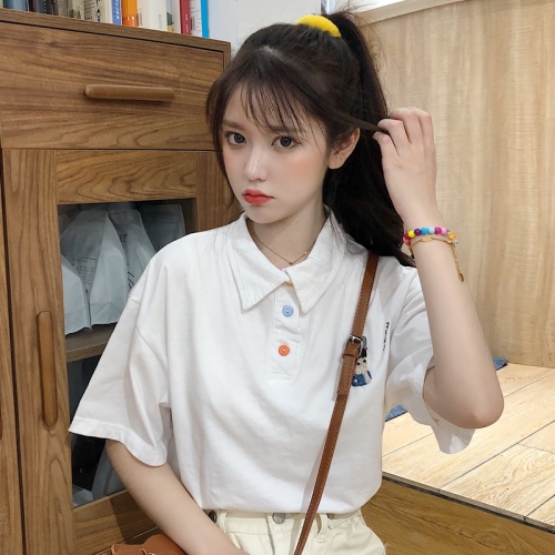 6535 cotton summer loose top new short-sleeved t-shirt female embroidery POLO collar