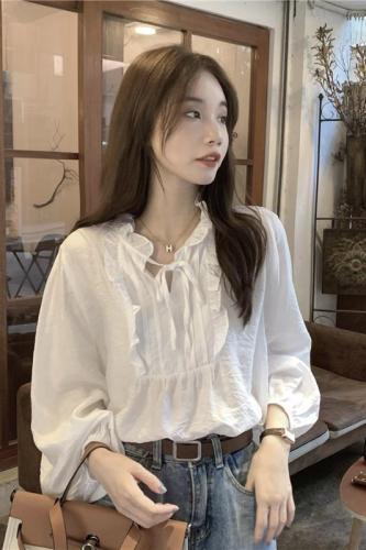 Real shot real price Korean style temperament V-neck white long-sleeved top with straps and splicing wood ear design loose shirt