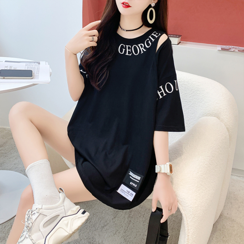 Real shooting fried street trend Korean version 65 cotton mid-length new print off-the-shoulder short-sleeved t-shirt women's large size women's top