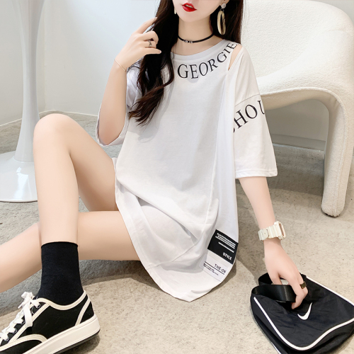 Real shooting fried street trend Korean version 65 cotton mid-length new print off-the-shoulder short-sleeved t-shirt women's large size women's top