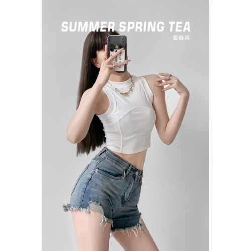 Summer and spring tea babes design sense niche stand-up collar vest women's inner wear short bottoming strap sleeveless top summer tide