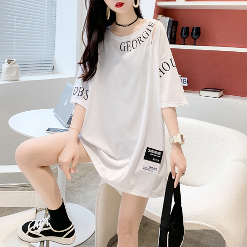 Real shooting fried street trend Korean version 65 cotton mid-length new print off-the-shoulder short-sleeved t-shirt women's large size women's top